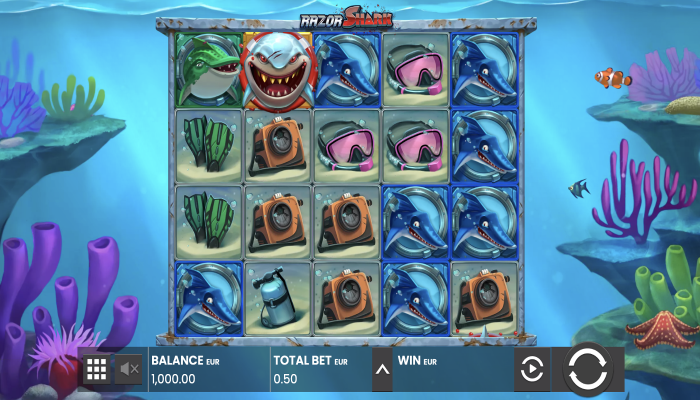 Spieloberfläche des Razor Shark Spielautomaten mit bunten Meeresbewohnern